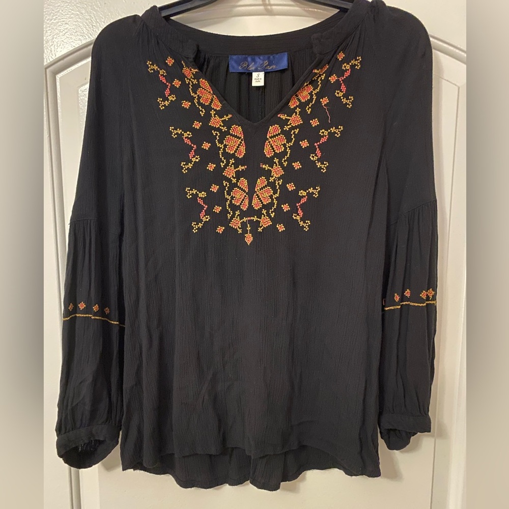 Blue Rain Black Embroidered V-neck Peasant Top 3/4 Sleeve
